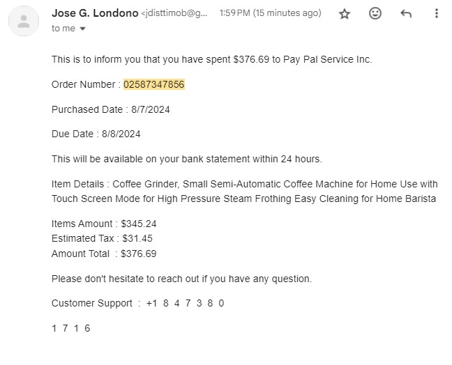 Scam email regarding a coffee grinder